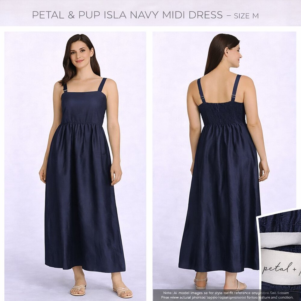Petal & Pup Isla Navy Midi  Sleeveless Square Neck Sundress Size M NWT